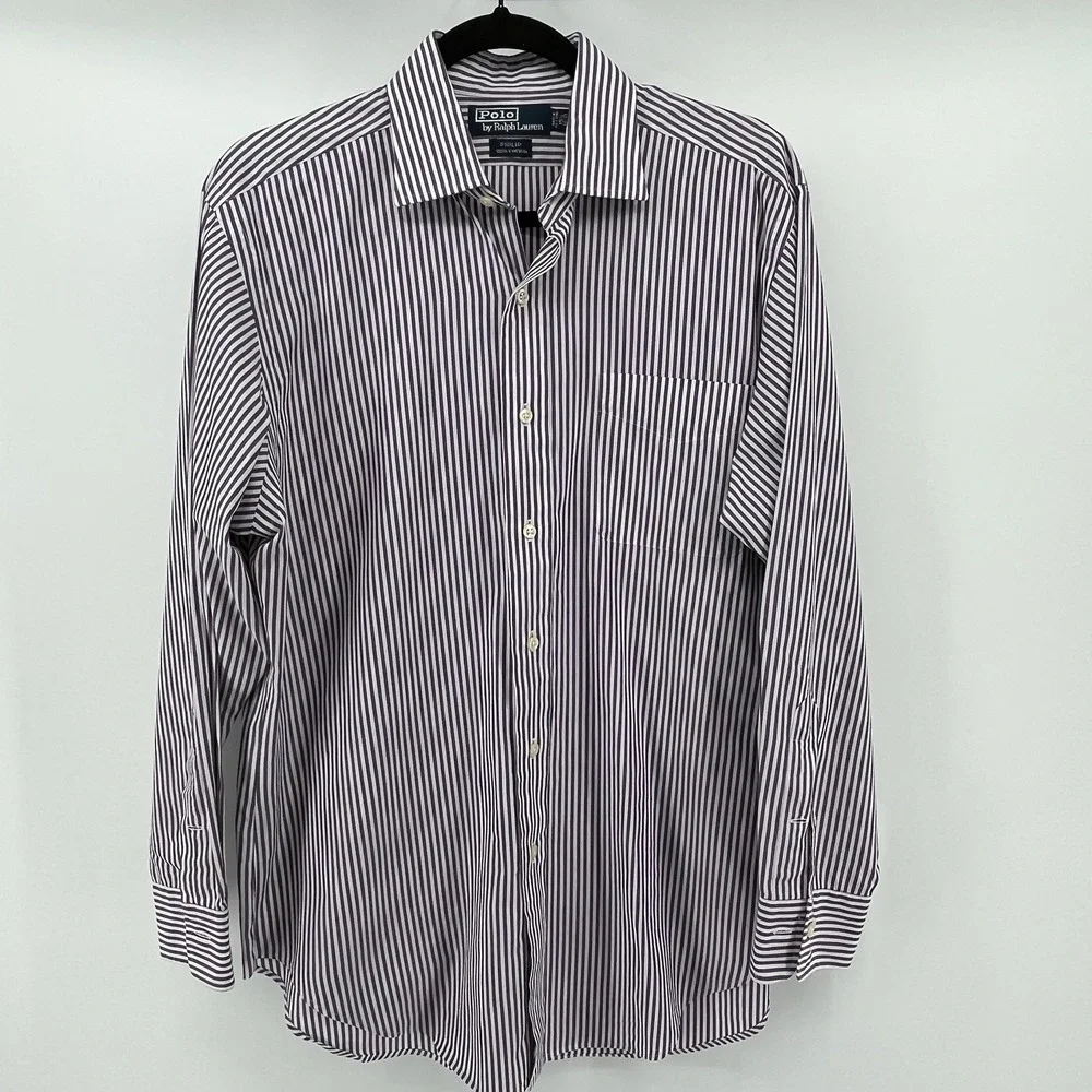 Polo Ralph Lauren Men's Button Up Shirt Sz 15 1/2 32/33 Purple/White Stripe - Picture 2 of 8